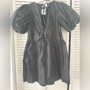 H&M Black Puff-Sleeve Tie-Front Mini Dress